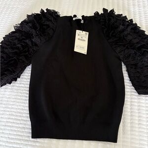 Zara Black Knit Top with Lace Accents